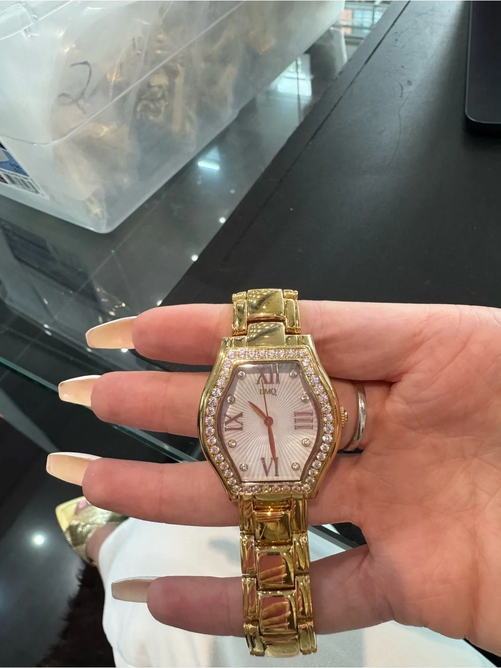 DMQ Vintage Ladies Gold-Tone Crystal Tonneau Watch